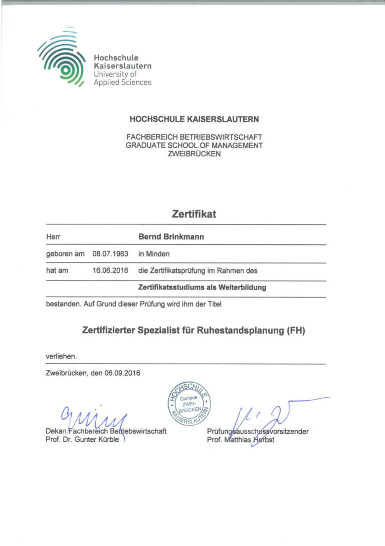 Zertifikat von Bernd Brinkmann als Spezialist für Ruhestandsplanung